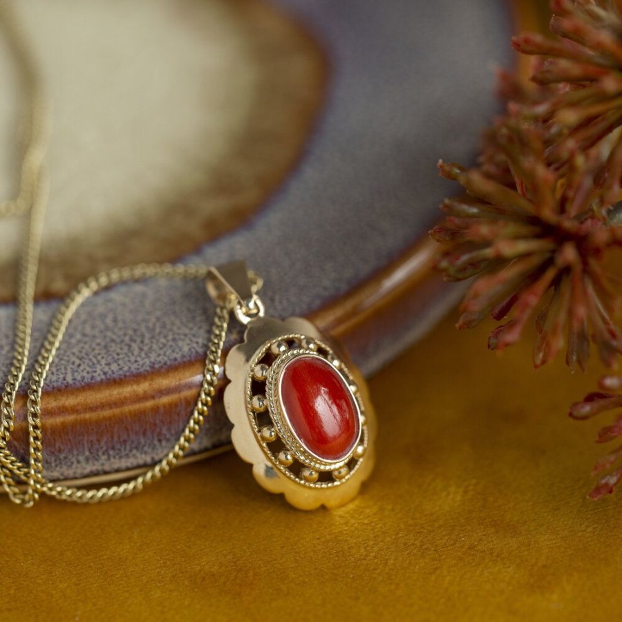 Jewelry vintage Pendant With Gemstone | Gold Pendant With Red Coral 14 Krt