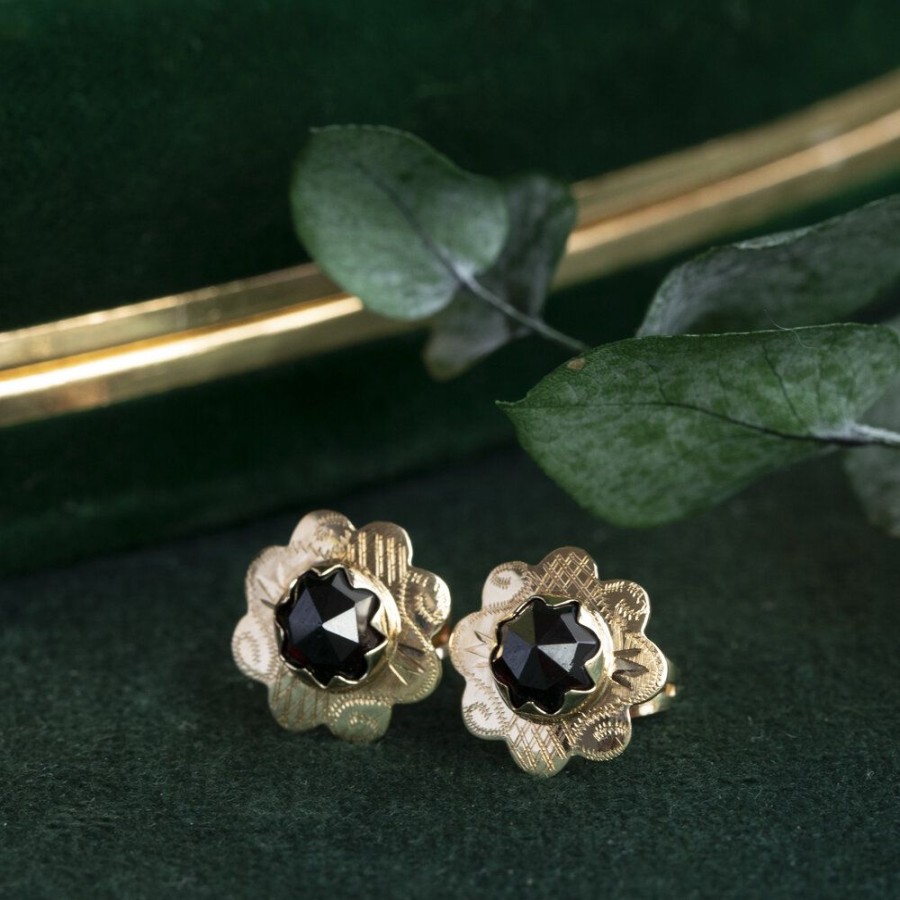 Jewelry vintage Earrings With Gemstone | Gold Ear Studs With Garnet 14 Krt