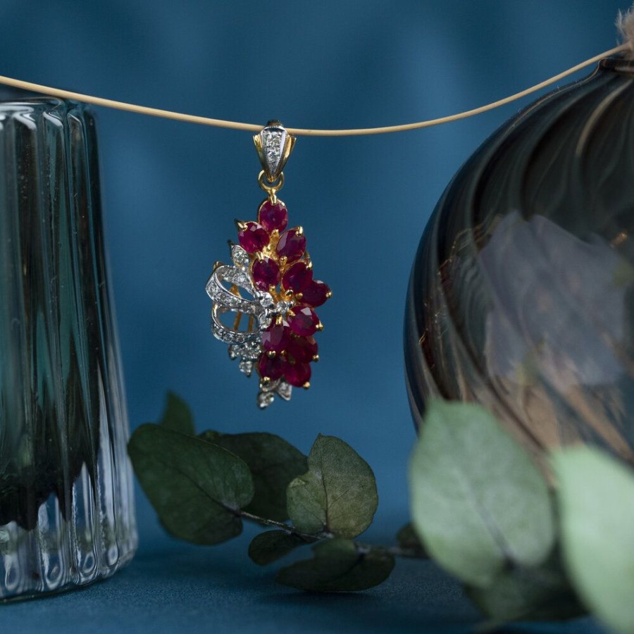 Jewelry vintage Pendant With Gemstone | Gold Pendant With Ruby And Diamonds 14 Krt