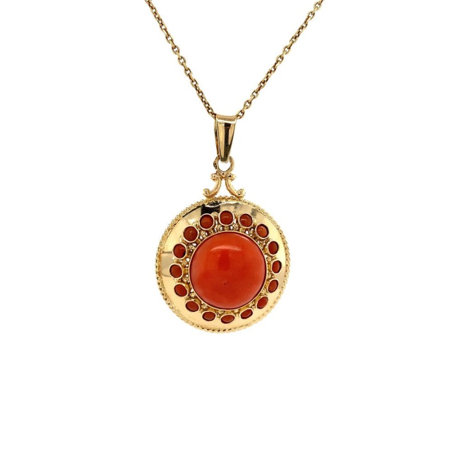 Jewelry vintage Pendant With Gemstone | Gold Entourage Pendant With Red Coral 14 Krt