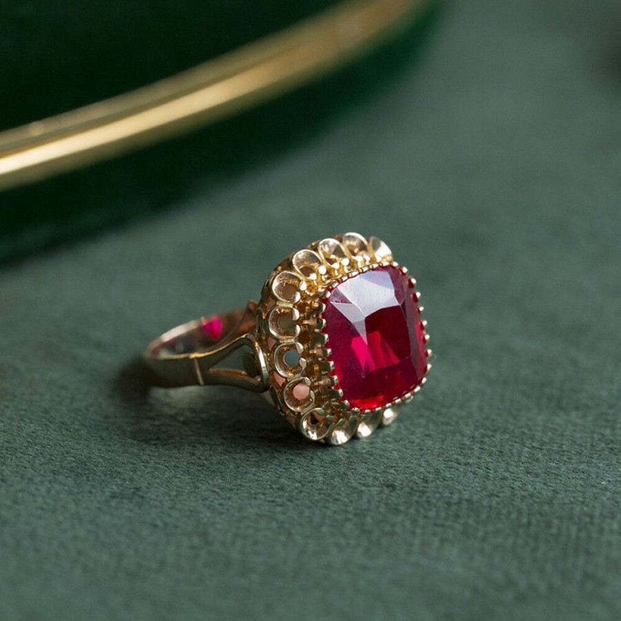 Jewelry vintage Rings With Gemstone | Gold Ring With Synthetic Ruby 14 Krt