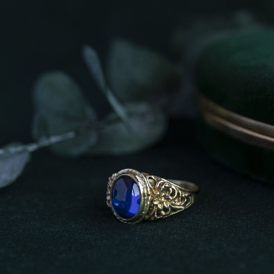 Jewelry vintage Rings With Gemstone | Gold Ring With Blue Glass 18 Krt