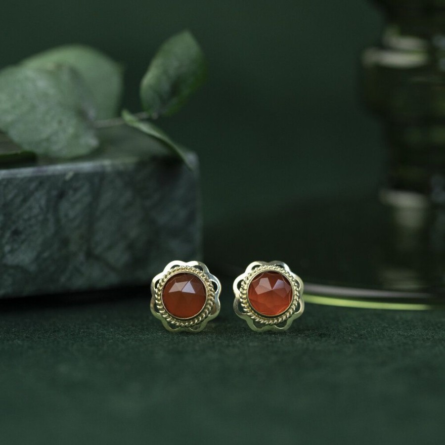 Jewelry vintage Earrings With Gemstone | Gold Ear Studs With Carnelian 14 Krt