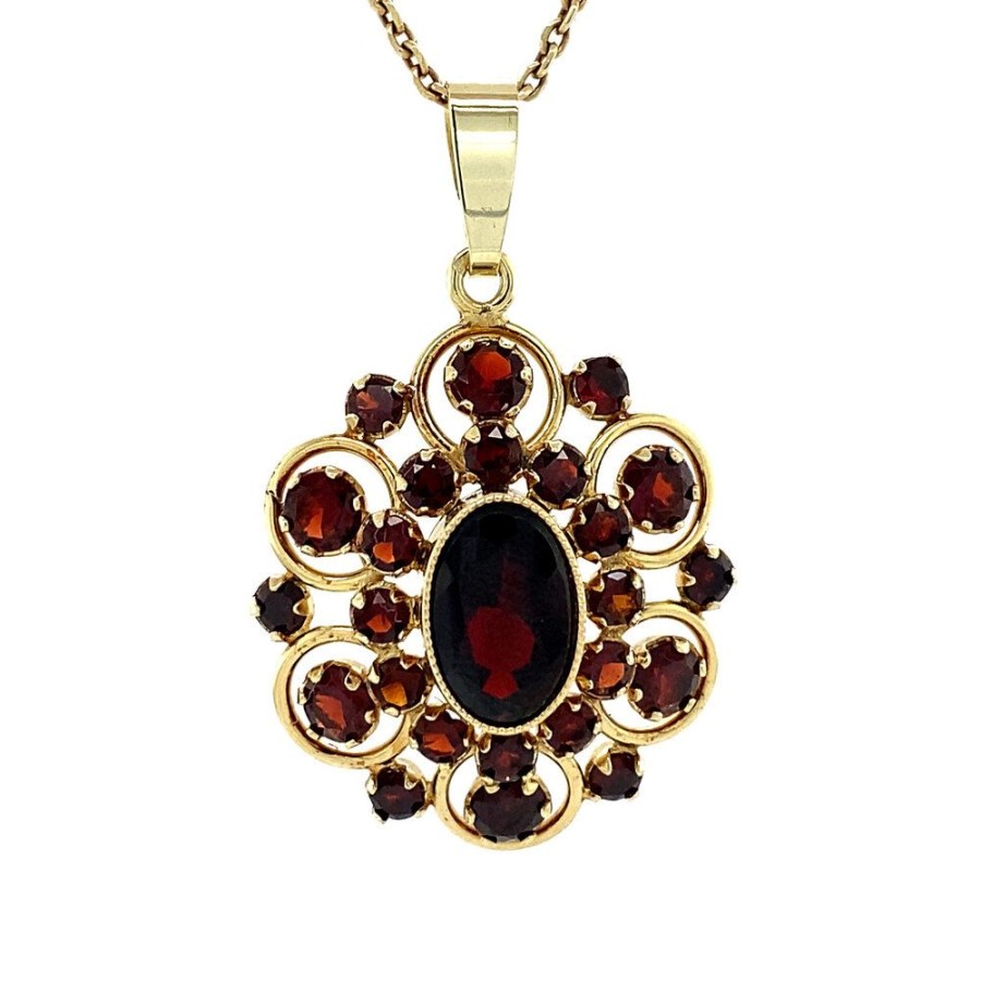 Jewelry vintage Pendant With Gemstone | Gold Entourage Pendant With Garnet 14 Krt