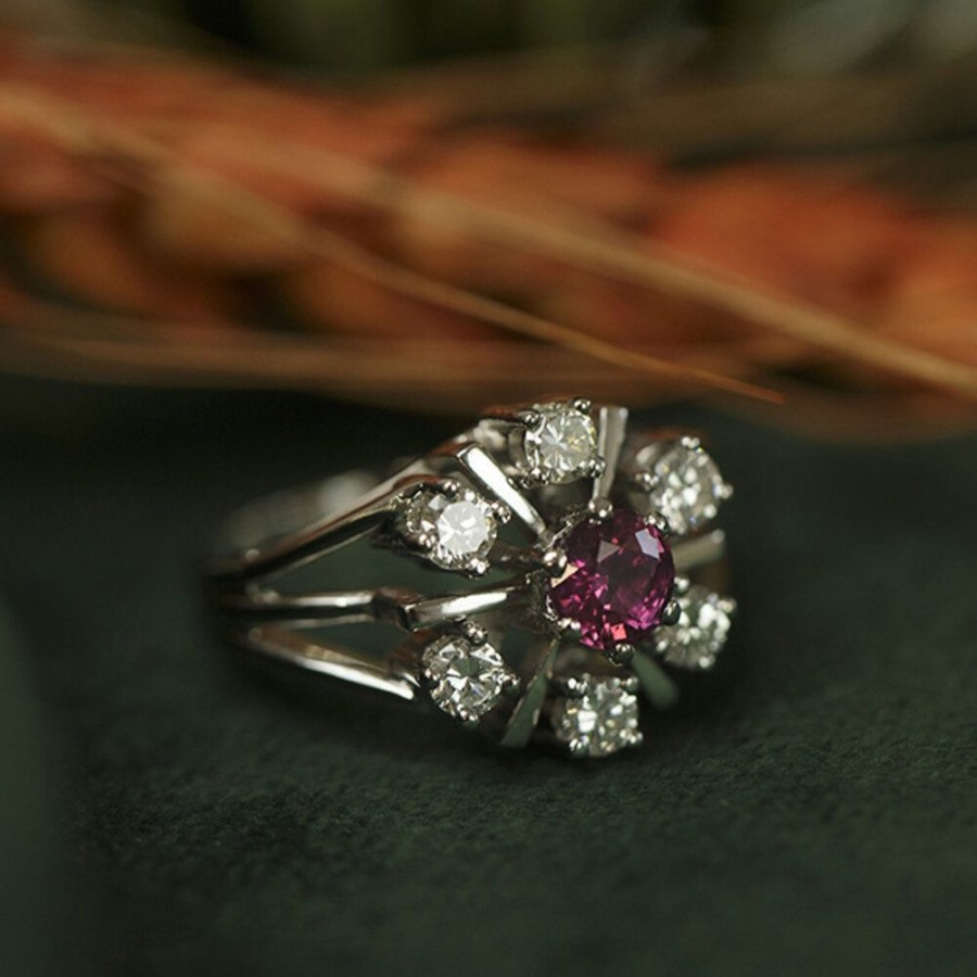 Jewelry vintage Rings With Gemstone | White Gold Entourage Ring With Ruby And Diamond 14 Krt