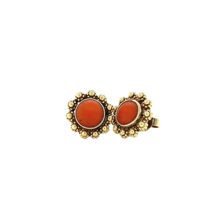 Jewelry vintage Earrings With Gemstone | Gouden Oorstekers Met Bloedkoraal 14 Krt