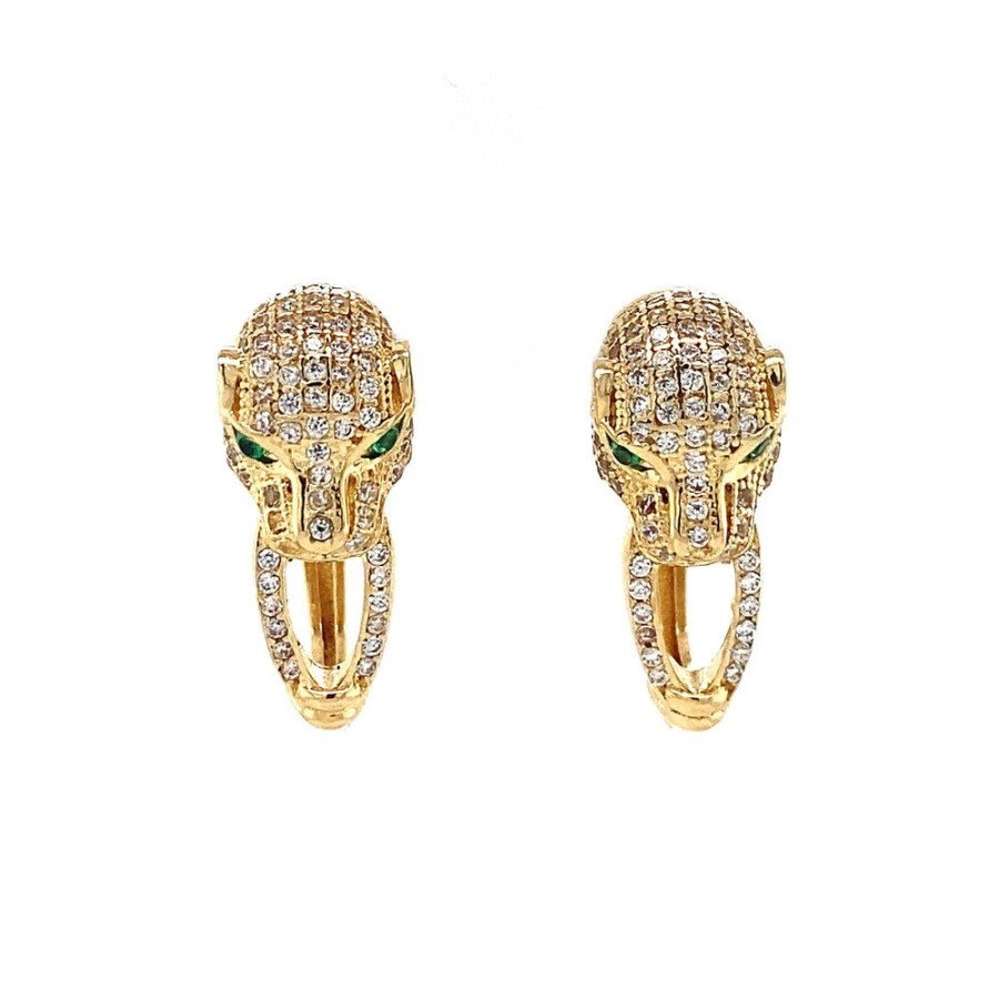 Jewelry vintage Earrings With Gemstone | Gouden Panter Creolen Met Zirkonia En Smaragd 14 Krt