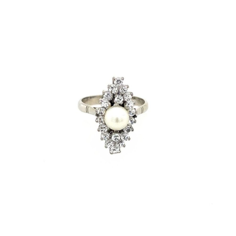 Jewelry vintage Rings With Gemstone | White Gold Marquise Ring With Pearl And Zirconia 14 Krt