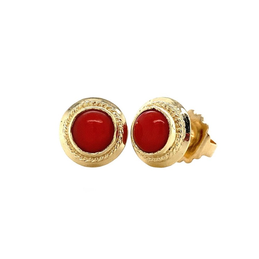 Jewelry vintage Earrings With Gemstone | Gold Ear Studs With Blood Coral 14 Krt