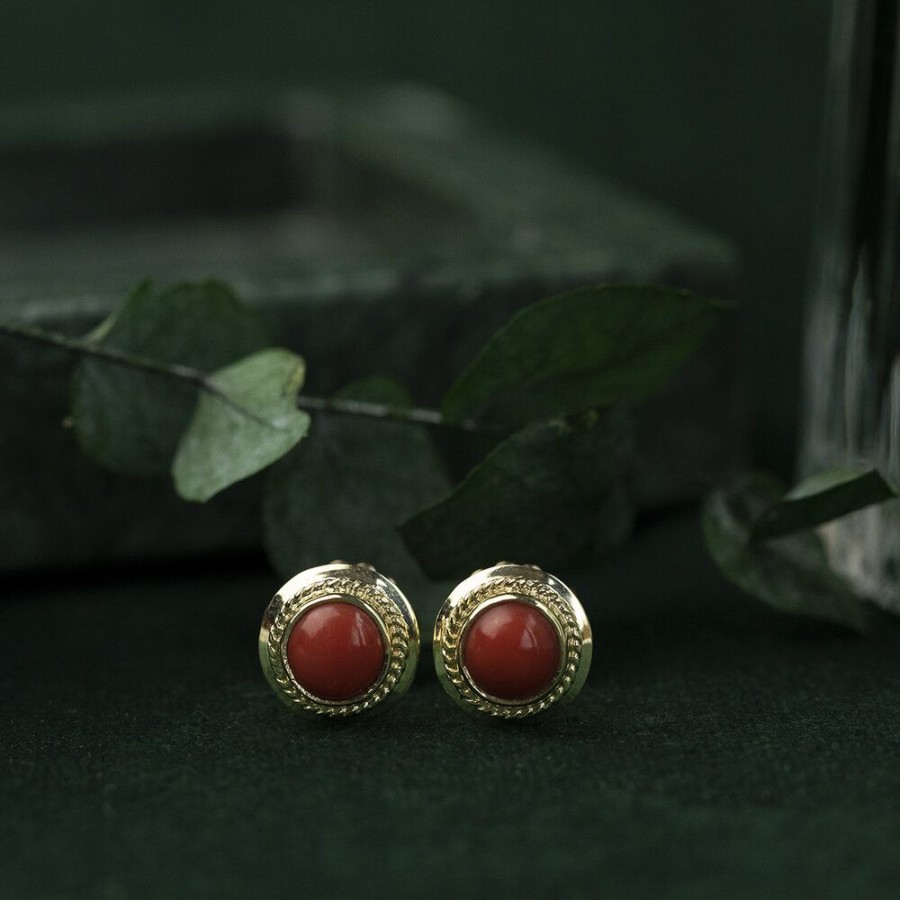 Jewelry vintage Earrings With Gemstone | Gold Ear Studs With Blood Coral 14 Krt