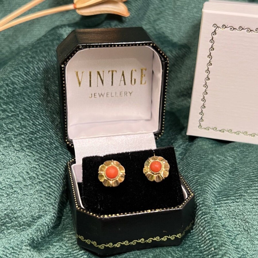 Jewelry vintage Earrings With Gemstone | Gold Earrings With Blood Coral 14 Krt