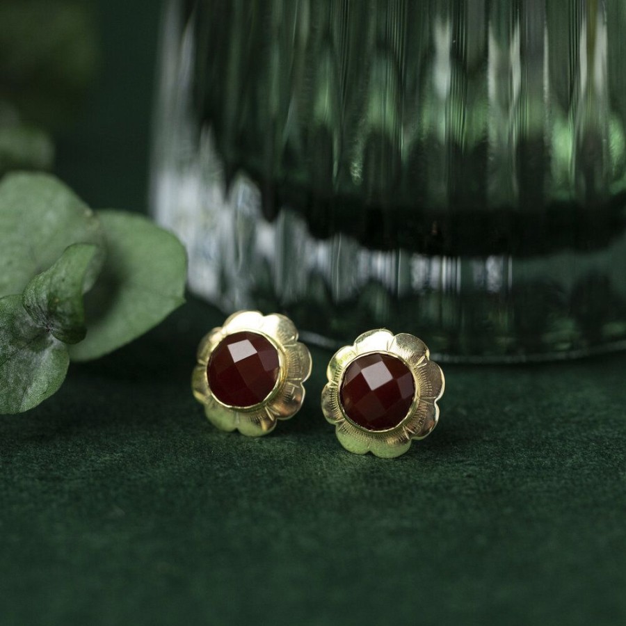 Jewelry vintage Earrings With Gemstone | Gold Ear Studs With Carnelian 14 Krt