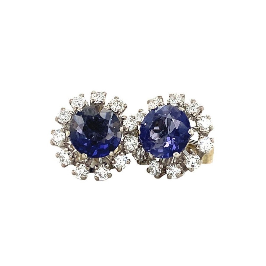 Jewelry vintage Earrings With Gemstone | White Gold Entourage Ear Studs With Iolite And Diamond 14 Krt