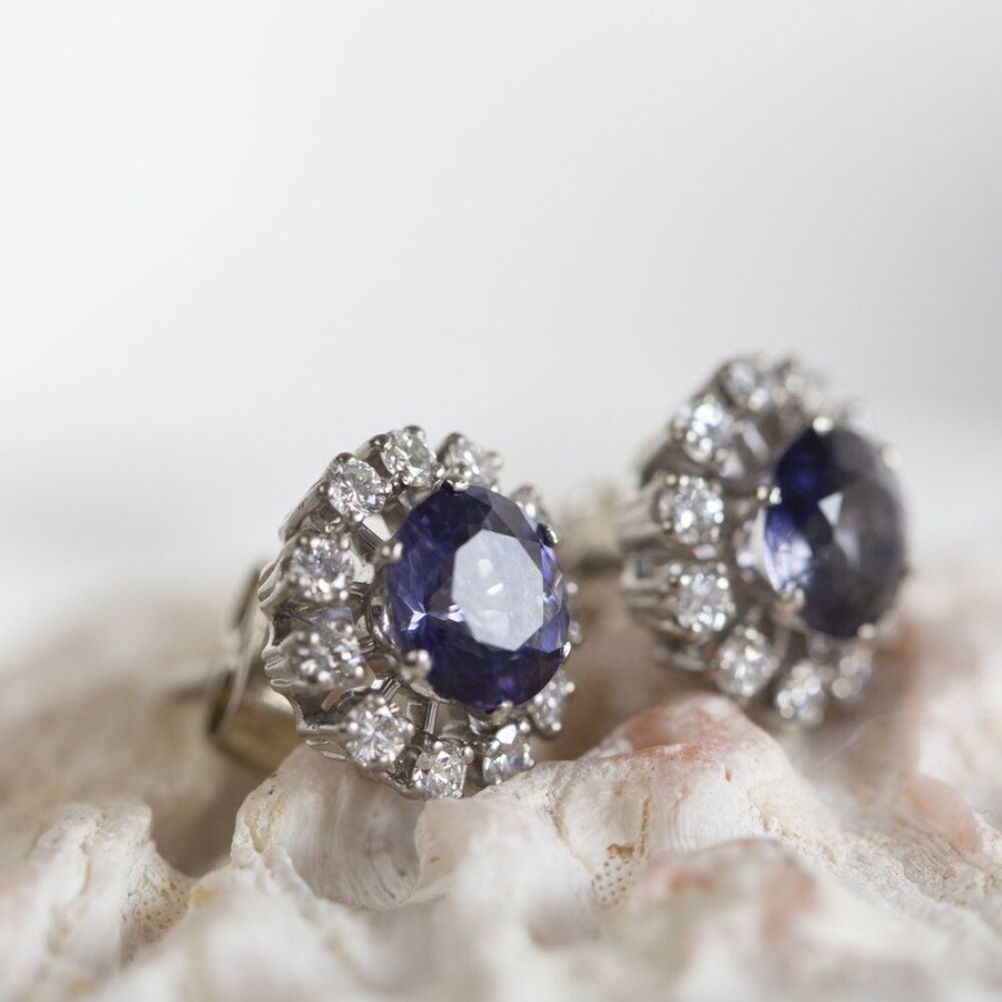 Jewelry vintage Earrings With Gemstone | White Gold Entourage Ear Studs With Iolite And Diamond 14 Krt