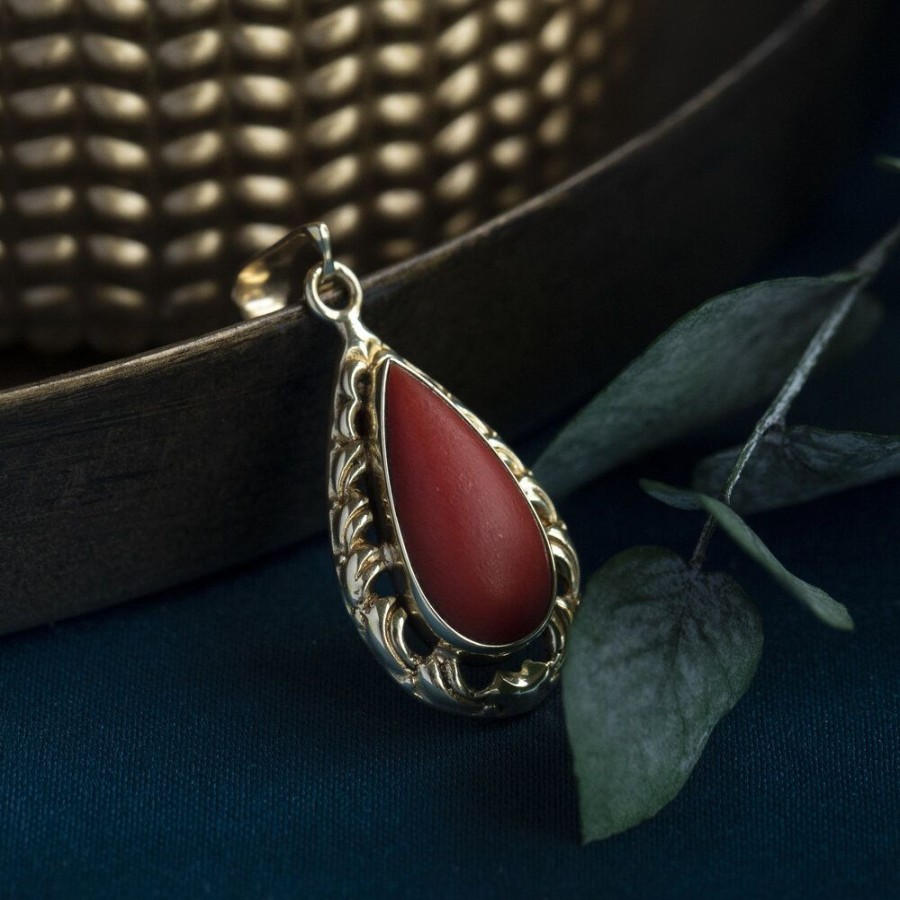 Jewelry vintage Pendant With Gemstone | Gold Pendant With Red Coral 14 Krt