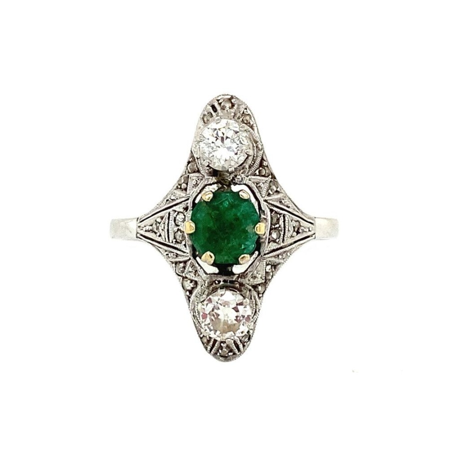 Jewelry vintage Rings With Gemstone | White Gold Princess Ring With Emerald And Diamonds 18 Krt