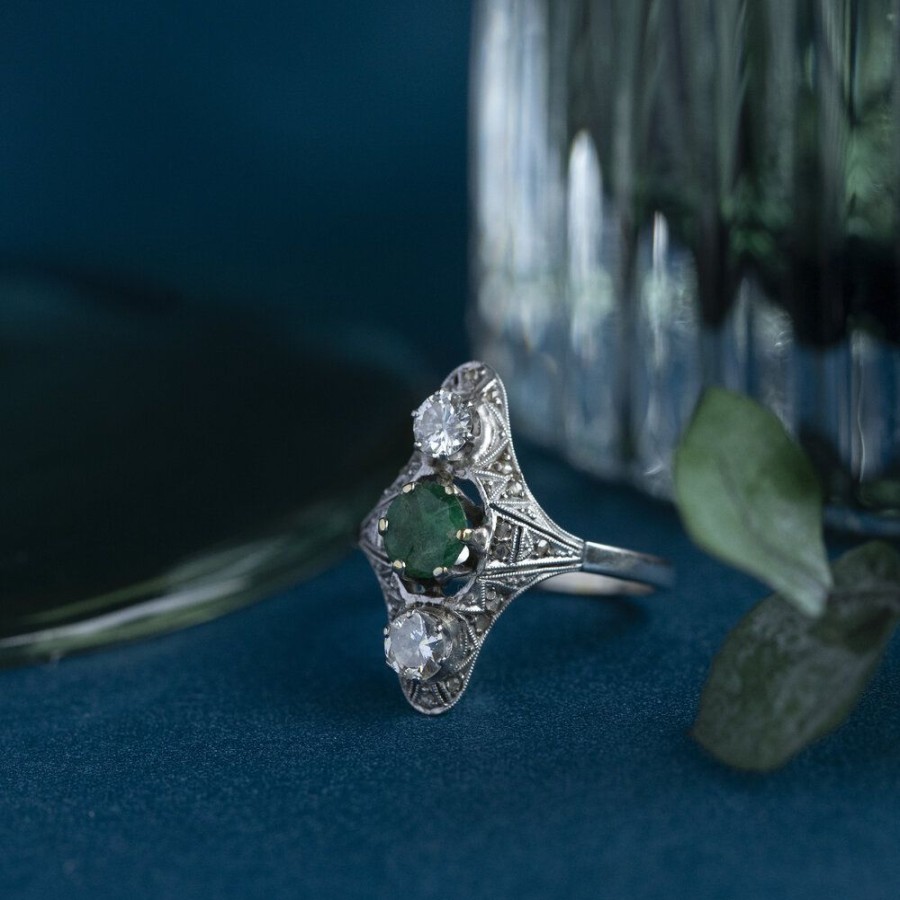 Jewelry vintage Rings With Gemstone | White Gold Princess Ring With Emerald And Diamonds 18 Krt