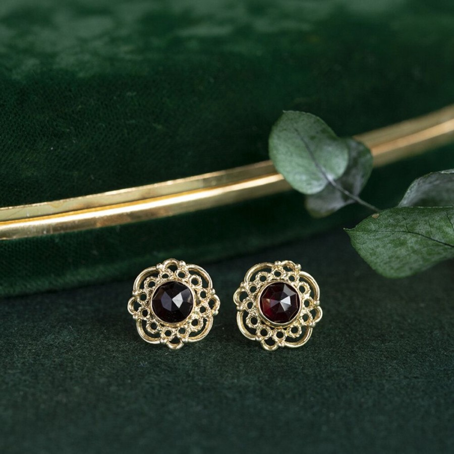 Jewelry vintage Earrings With Gemstone | Gold Ear Studs With Garnet 14 Krt