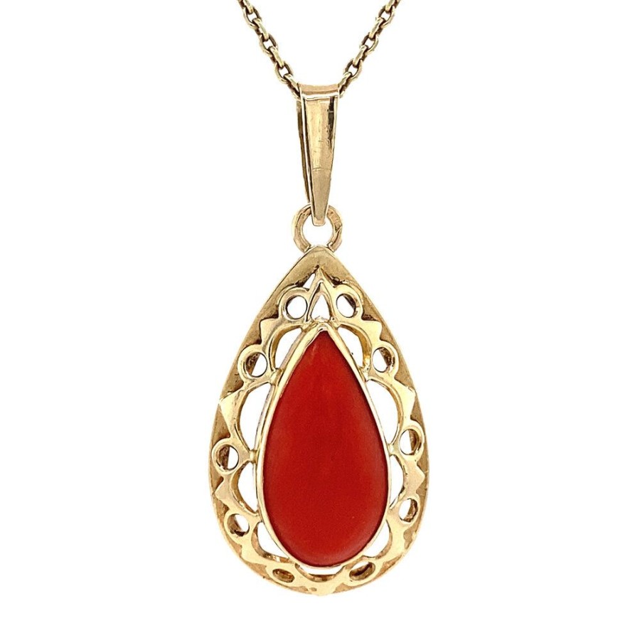 Jewelry vintage Pendant With Gemstone | Gold Pendant With Blood Coral 14 Krt