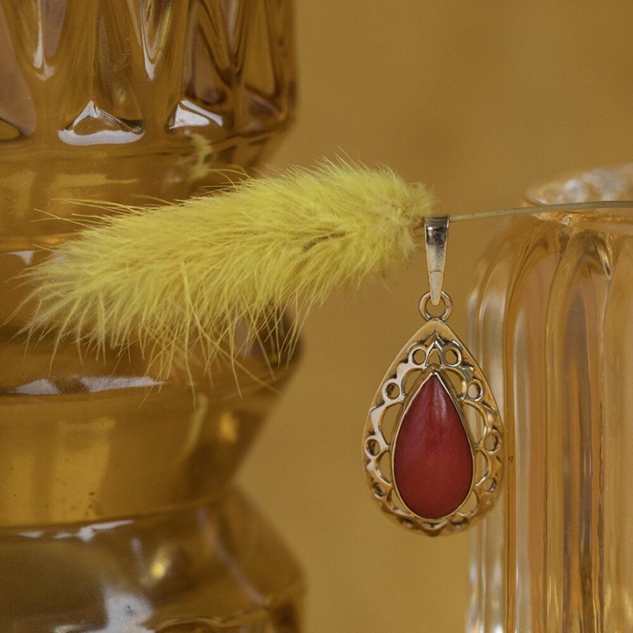 Jewelry vintage Pendant With Gemstone | Gold Pendant With Blood Coral 14 Krt