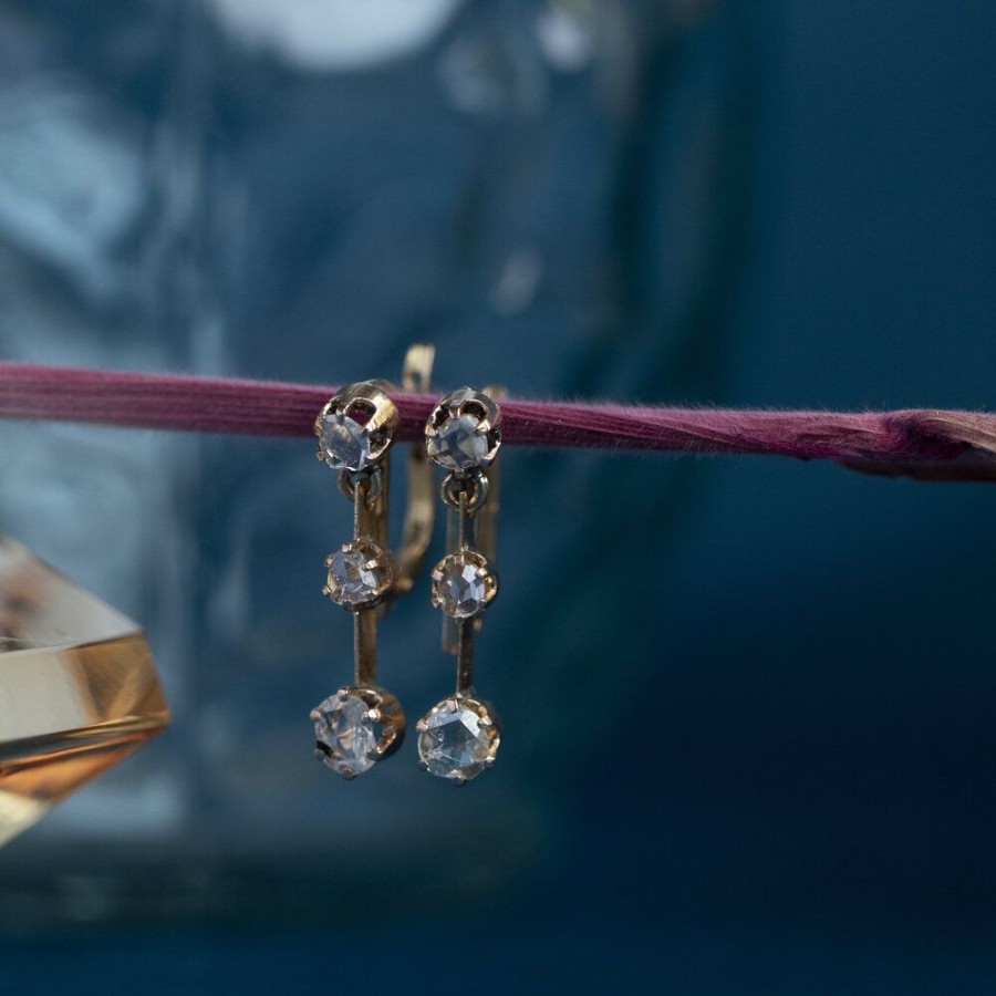 Jewelry vintage Earrings With Gemstone | Gouden Oorhangers Met Roosdiamant 14 Krt