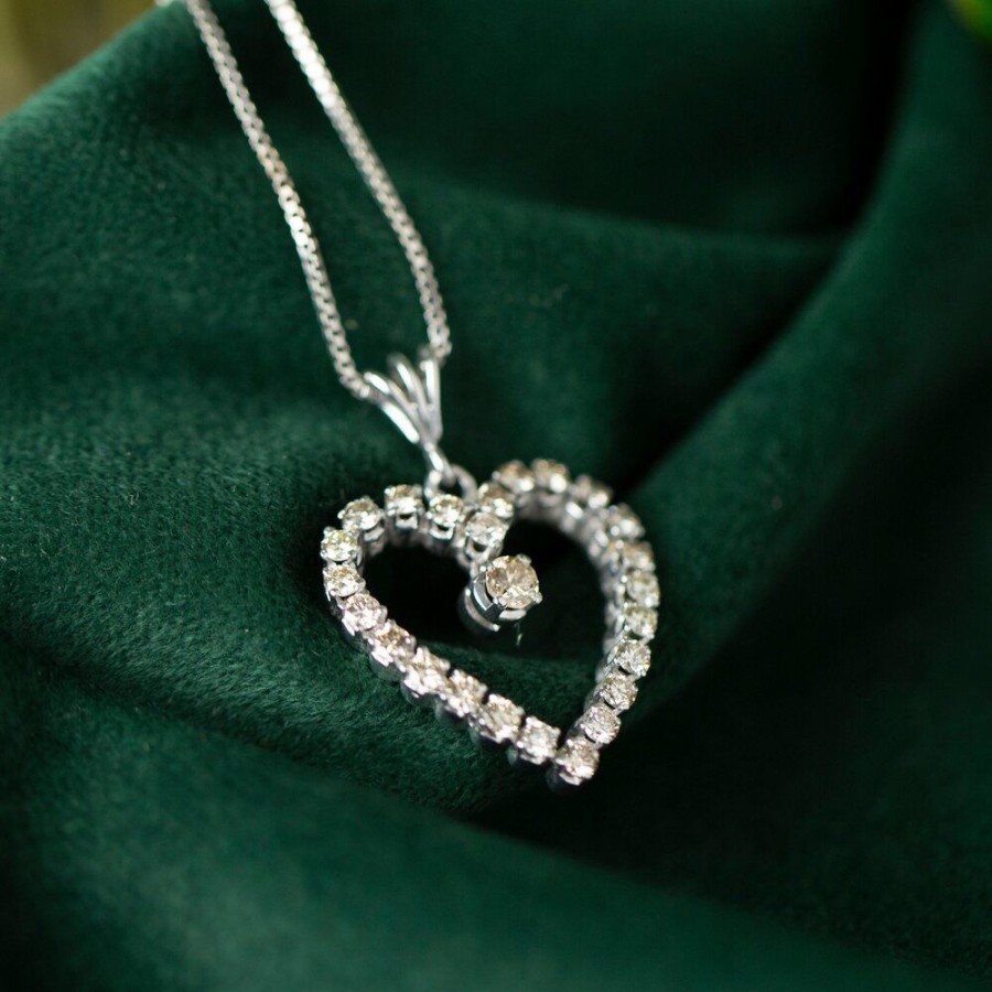 Jewelry vintage Pendant With Gemstone | White Gold Heart Pendant With Diamond 18 Krt