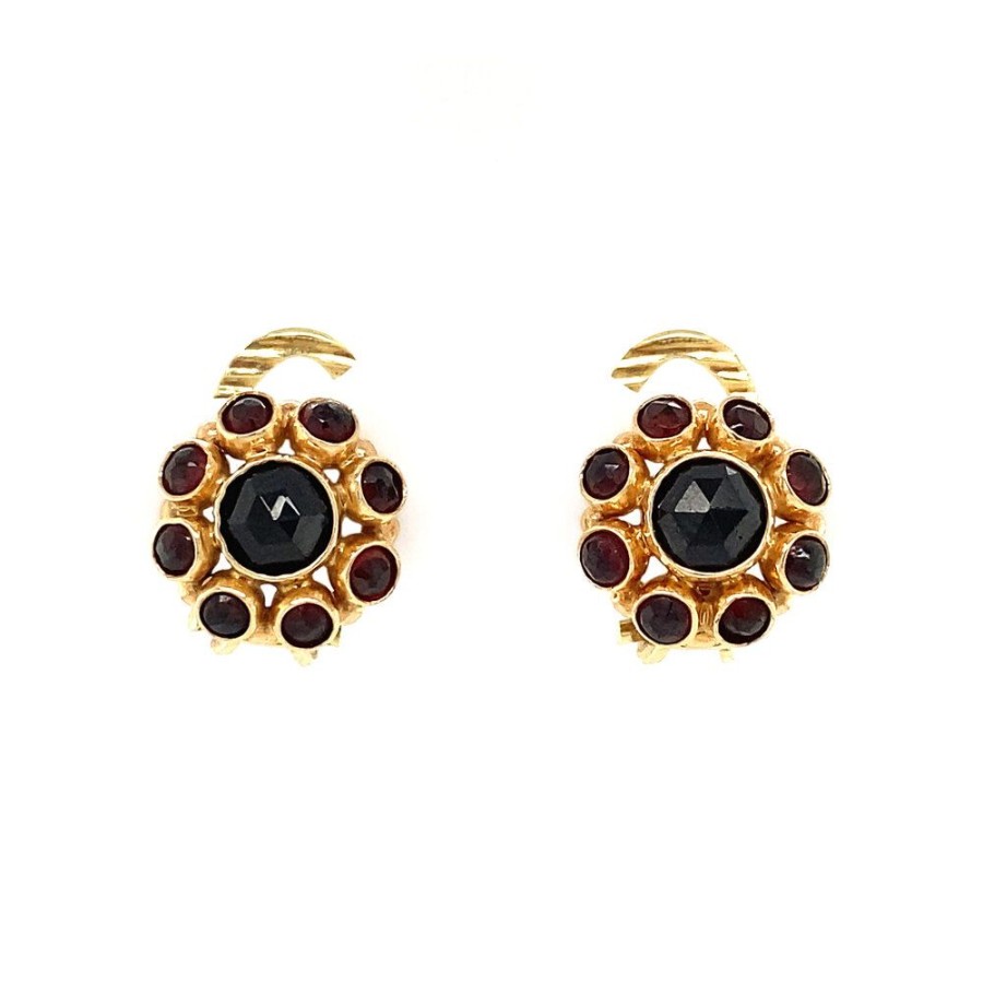 Jewelry vintage Earrings With Gemstone | Gold Entourage Ear Clips With Garnet 14 Krt