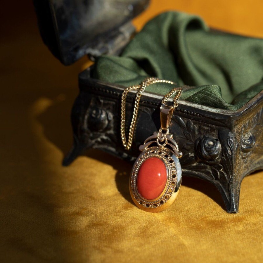 Jewelry vintage Pendant With Gemstone | Gold Pendant With Red Coral 14 Krt