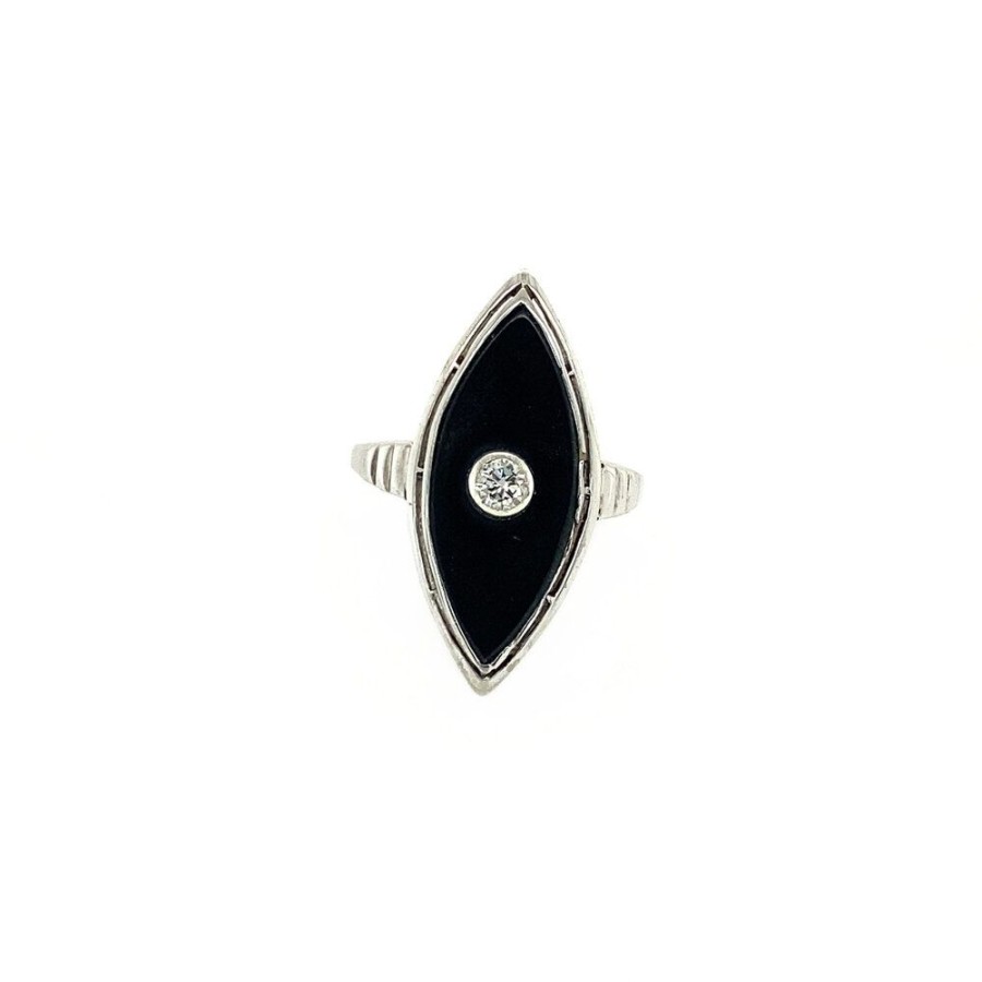 Jewelry vintage Rings With Gemstone | White Gold Ring With Onyx And Diamond 14 Krt