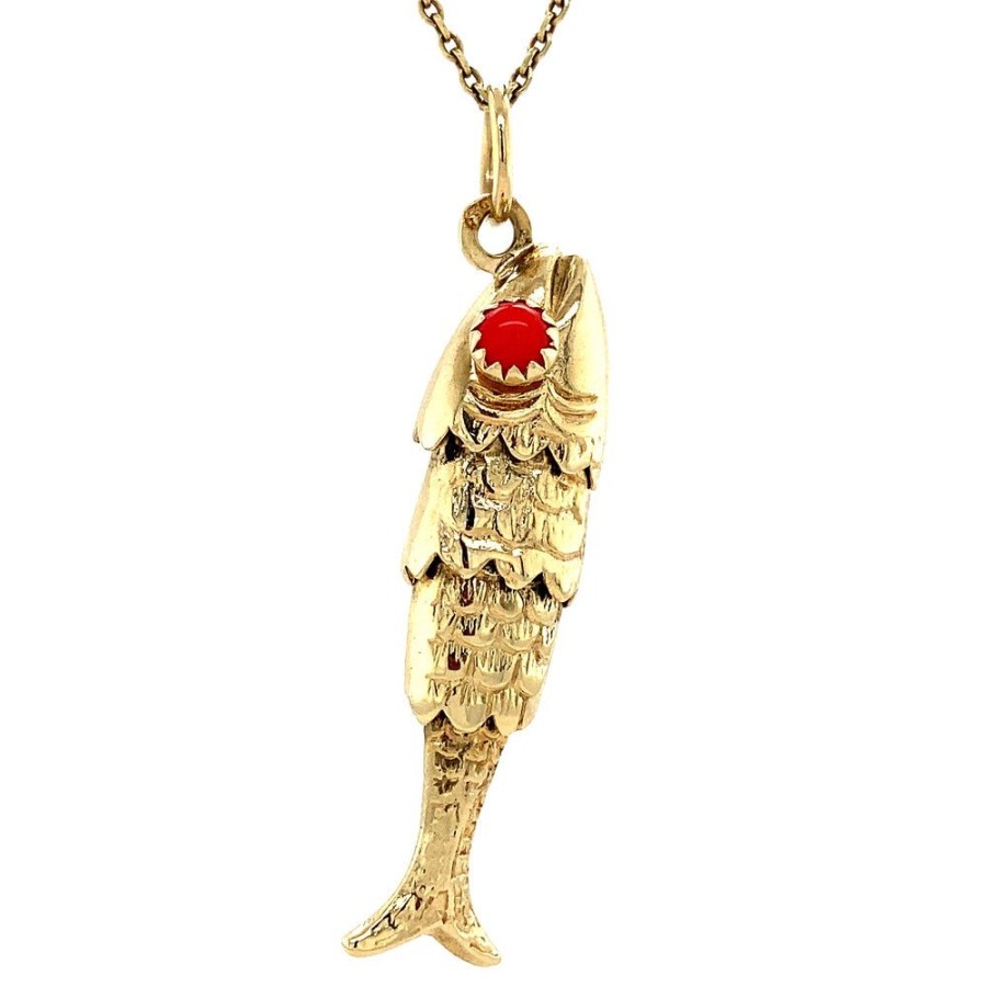 Jewelry vintage Pendant With Gemstone | Gold Pendant Fish With Blood Coral 14 Krt