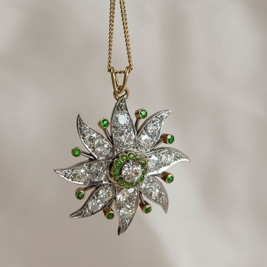 Jewelry vintage Pendant With Gemstone | Gold Sunburst Pendant With Diamond And Peridot 14 Krt/900