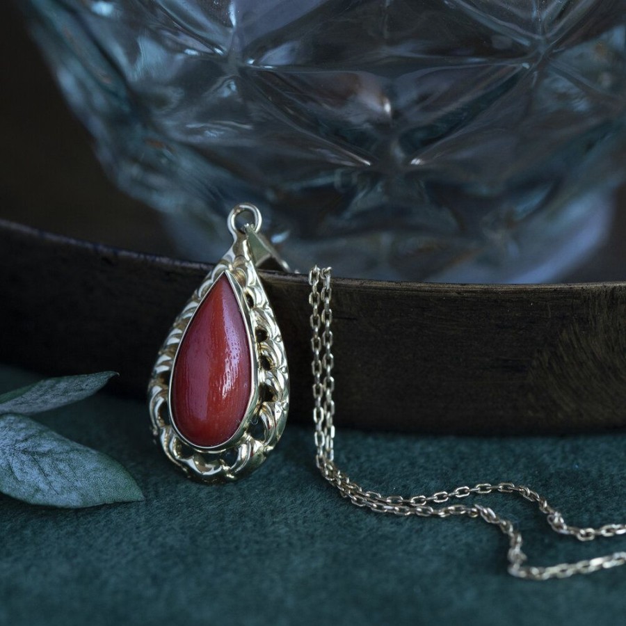 Jewelry vintage Pendant With Gemstone | Gold Pendant With Red Coral 14 Krt