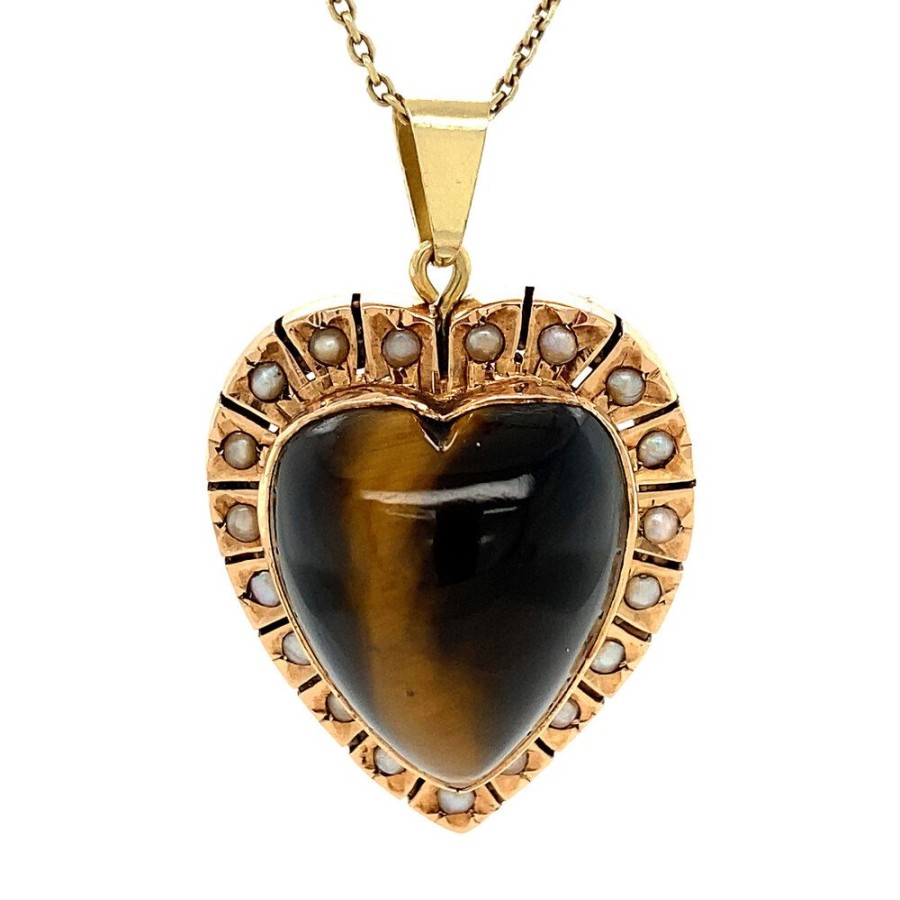 Jewelry vintage Pendant With Gemstone | Gold Pendant Heart With Tiger Eye And Pearls 14 Krt