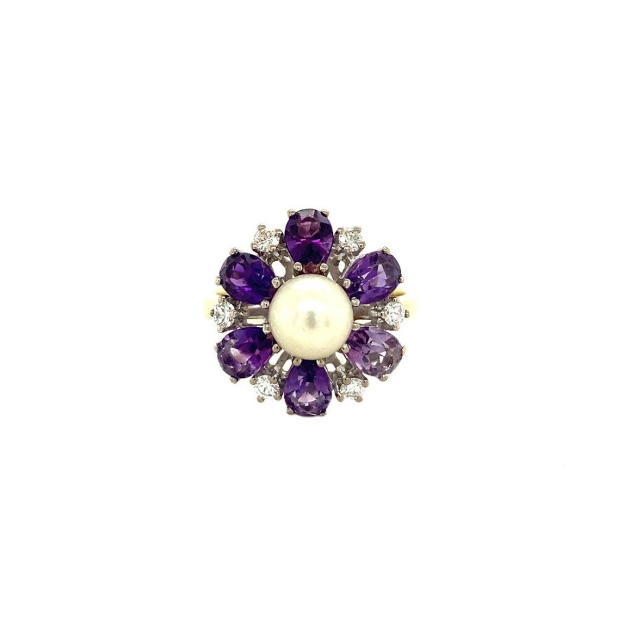 Jewelry vintage Rings With Gemstone | White Gold Ring With Pearl, Amethyst And Diamond 14 Krt