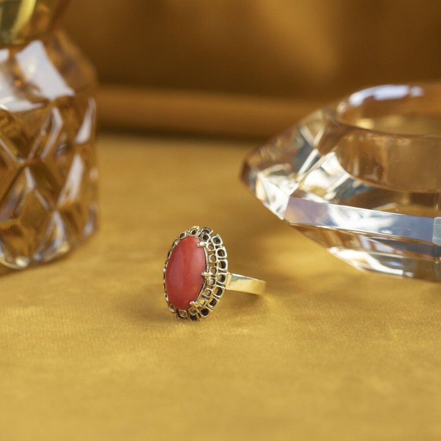 Jewelry vintage Rings With Gemstone | Gold Ring With Red Coral 14 Krt