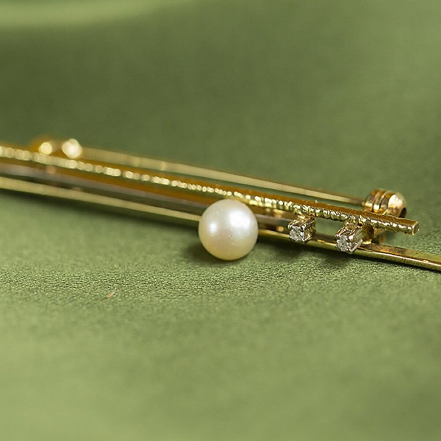 Jewelry vintage Brooches | Gold Brooch With Diamond And Pearl 14 Krt