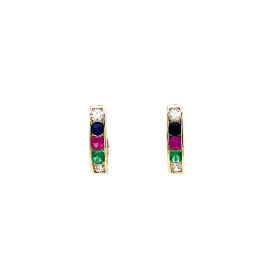 Jewelry vintage Ear Hoops | Gold Creoles With Colored Zirconia 14 Krt