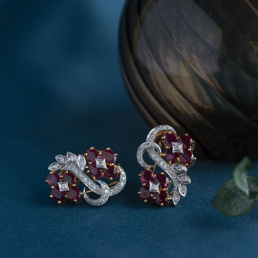 Jewelry vintage Earrings With Gemstone | Gold Earrings With Ruby And Diamond 18 Krt