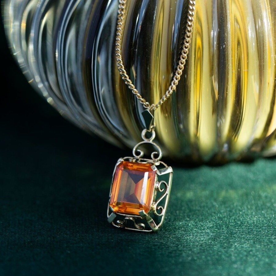 Jewelry vintage Pendant With Gemstone | Gold Pendant With Orange Sapphire 14 Krt