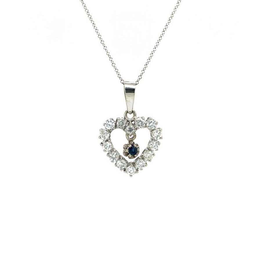 Jewelry vintage Pendant With Gemstone | White Gold Heart Pendant With Diamond And Sapphire 18 Krt