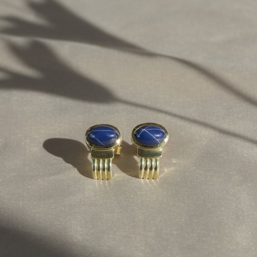 Jewelry vintage Earrings With Gemstone | Gold Earrings With Star Sapphire 14 Krt