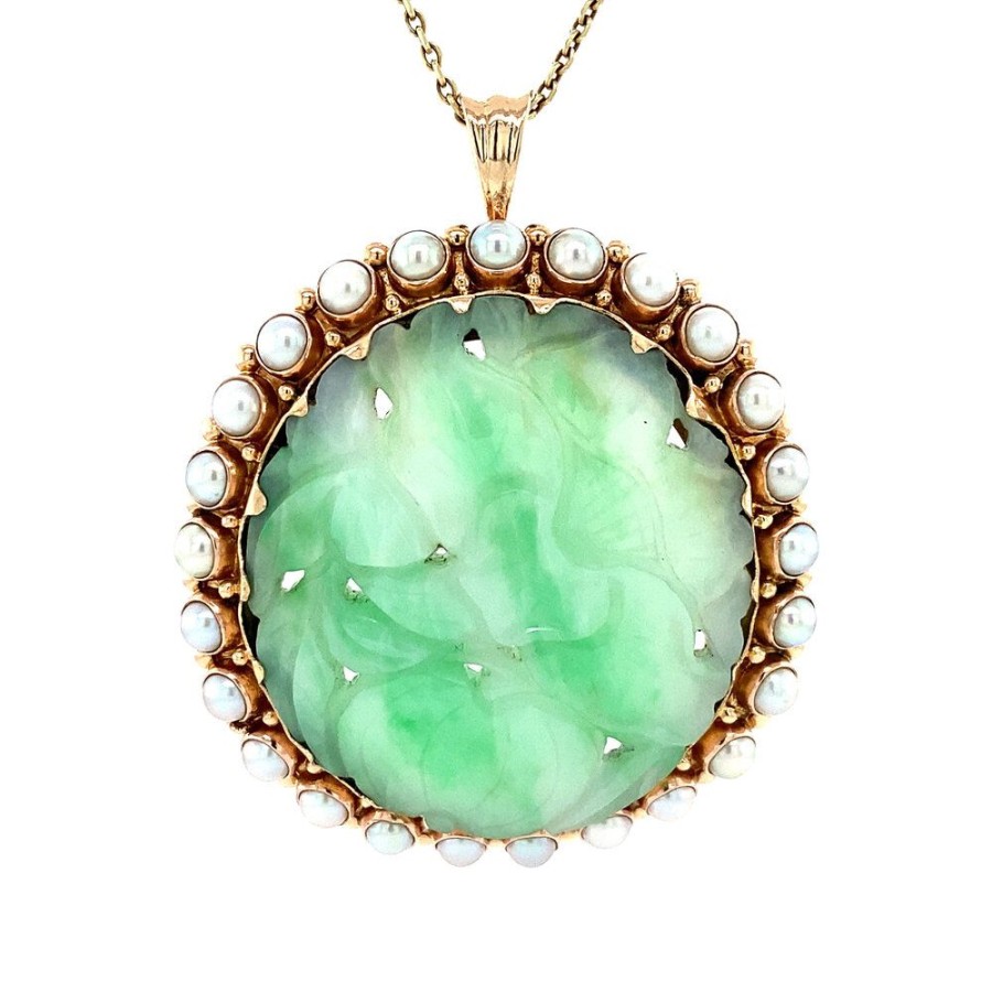 Jewelry vintage Pendant With Gemstone | Gold Pendant/Brooch With Jade And Pearl 14 Krt