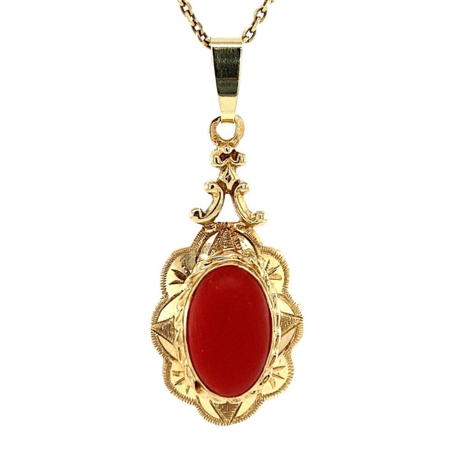 Jewelry vintage Pendant With Gemstone | Gold Pendant With Blood Coral 14 Krt