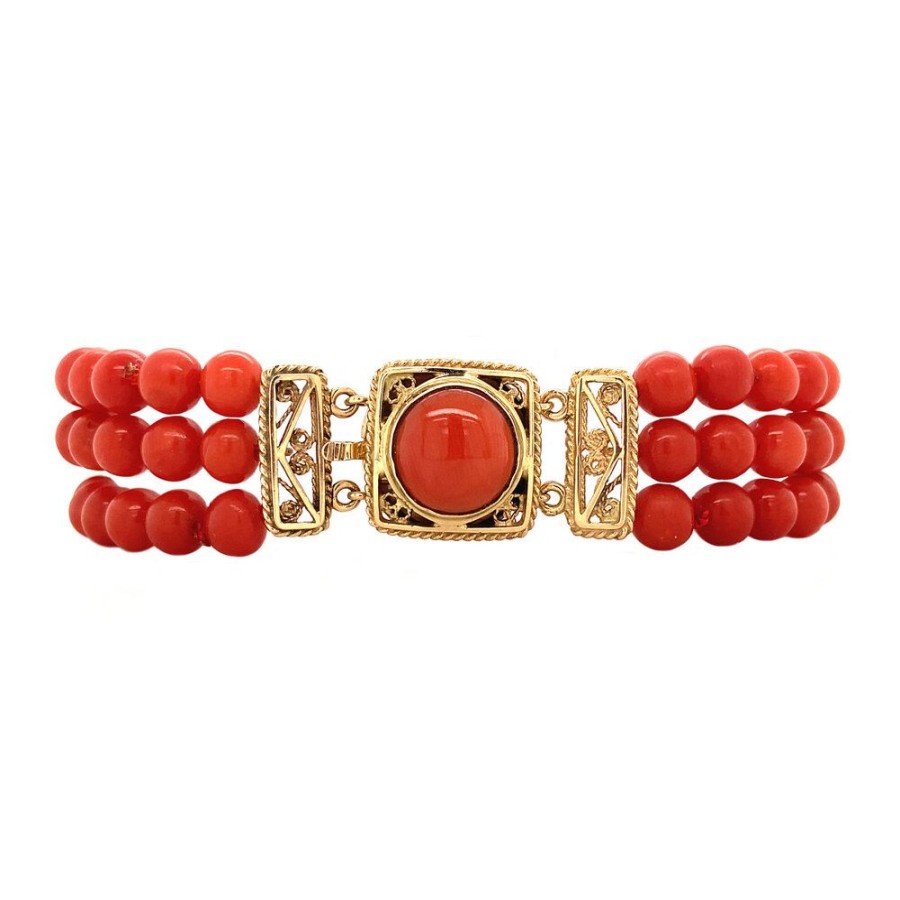 Jewelry vintage Bracelets With Gemstone | Blood Coral Bracelet With Gold Lacing 18.5 Cm 14 Krt