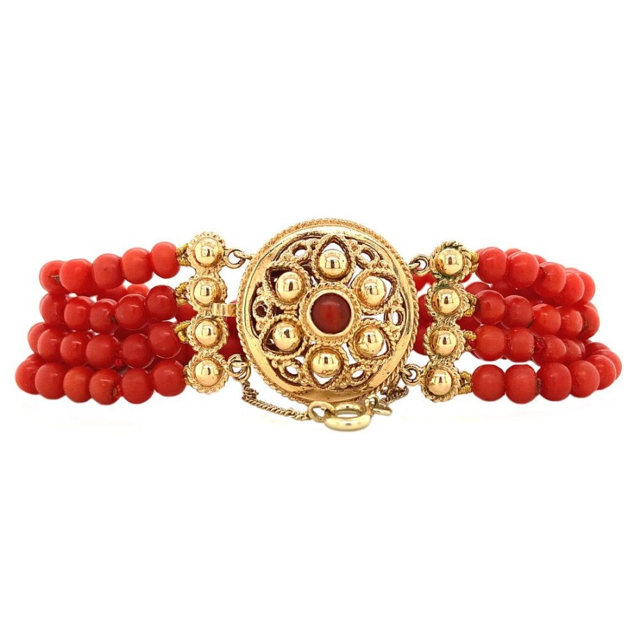 Jewelry vintage Bracelets With Gemstone | Blood Coral Bracelet With Gold Lacing 17 Cm 14 Krt