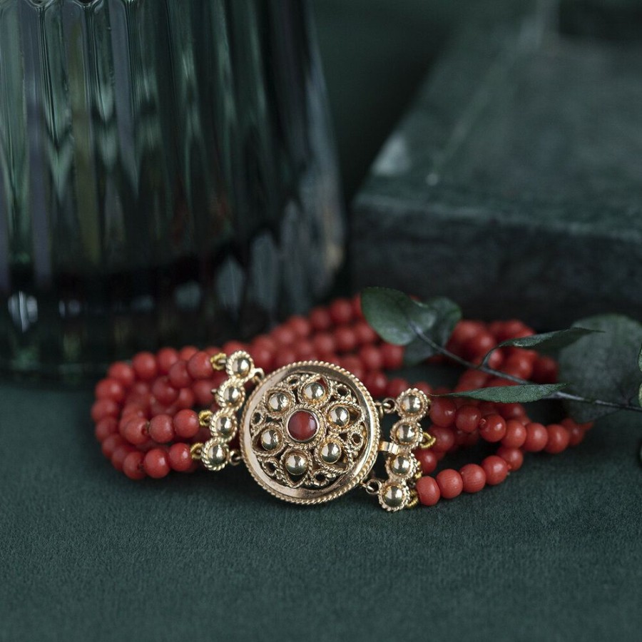 Jewelry vintage Bracelets With Gemstone | Blood Coral Bracelet With Gold Lacing 17 Cm 14 Krt