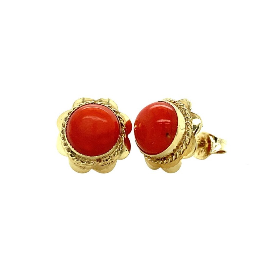 Jewelry vintage Earrings With Gemstone | Gold Ear Studs With Blood Coral 14 Krt