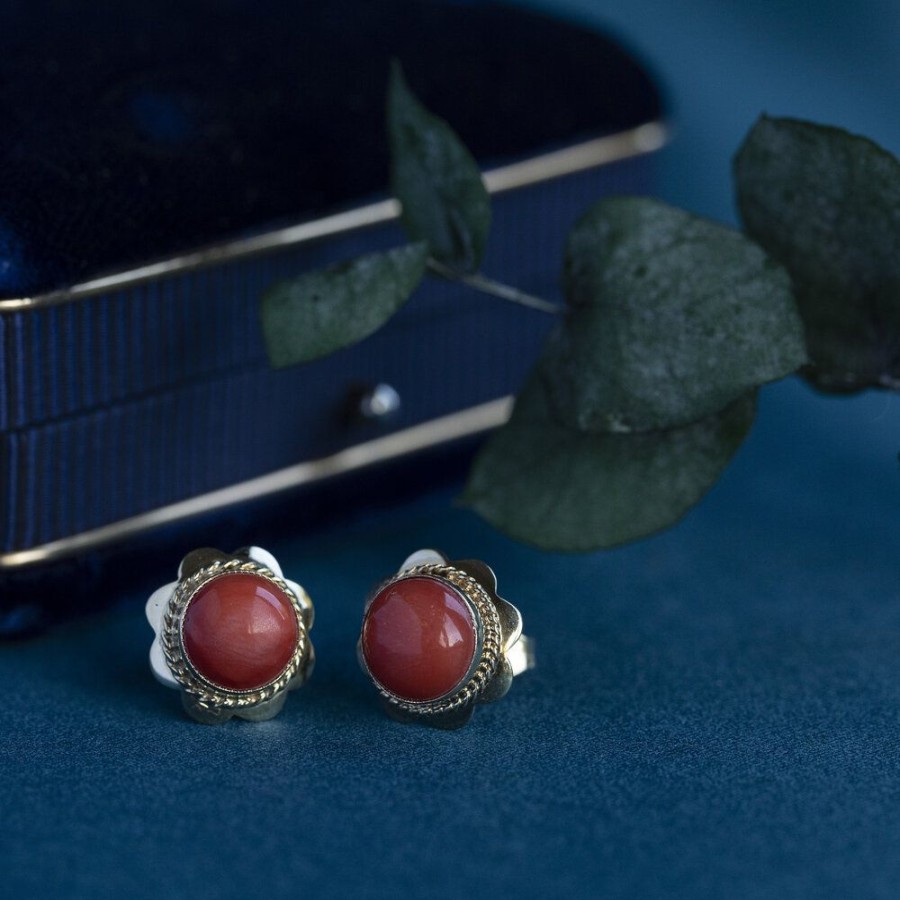 Jewelry vintage Earrings With Gemstone | Gold Ear Studs With Blood Coral 14 Krt