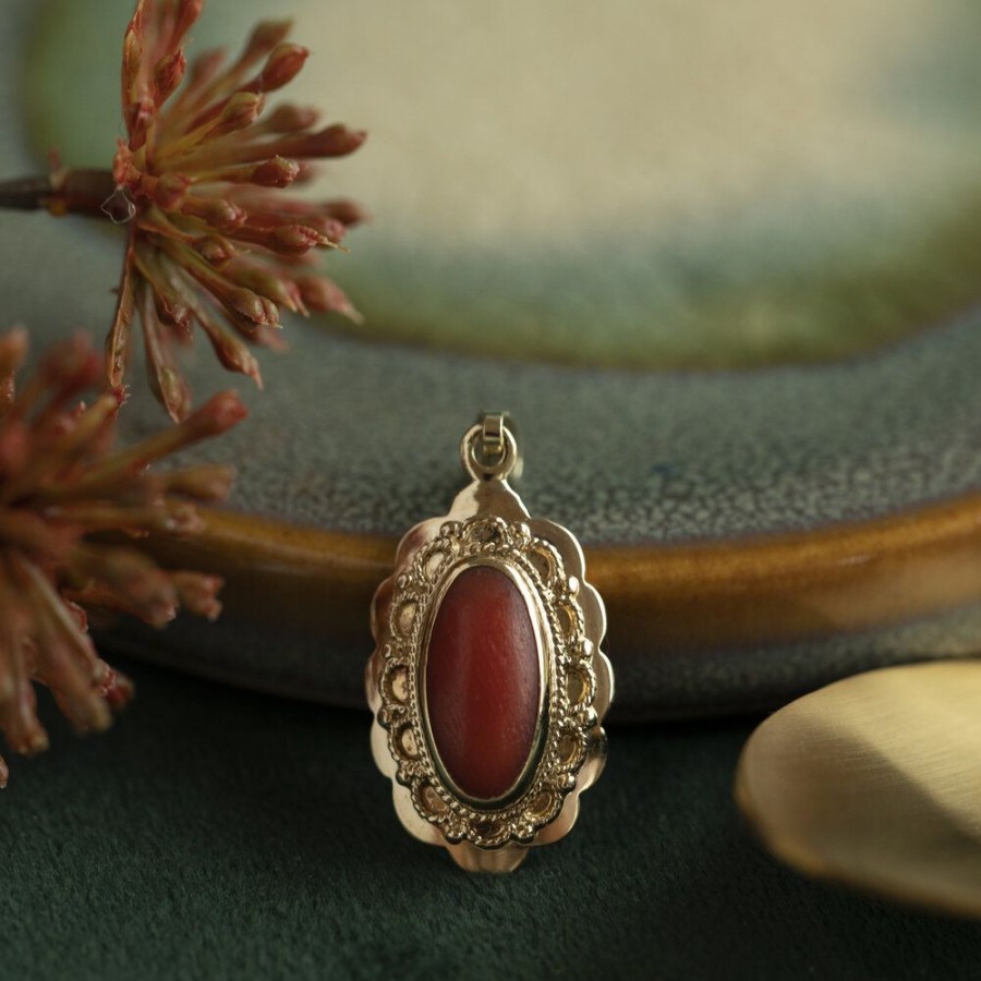 Jewelry vintage Pendant With Gemstone | Gold Pendant With Red Coral 14 Krt