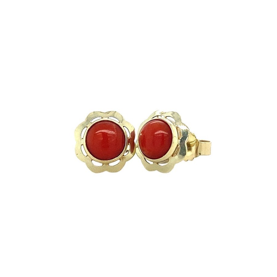 Jewelry vintage Earrings With Gemstone | Gold Ear Studs With Red Coral 14 Krt